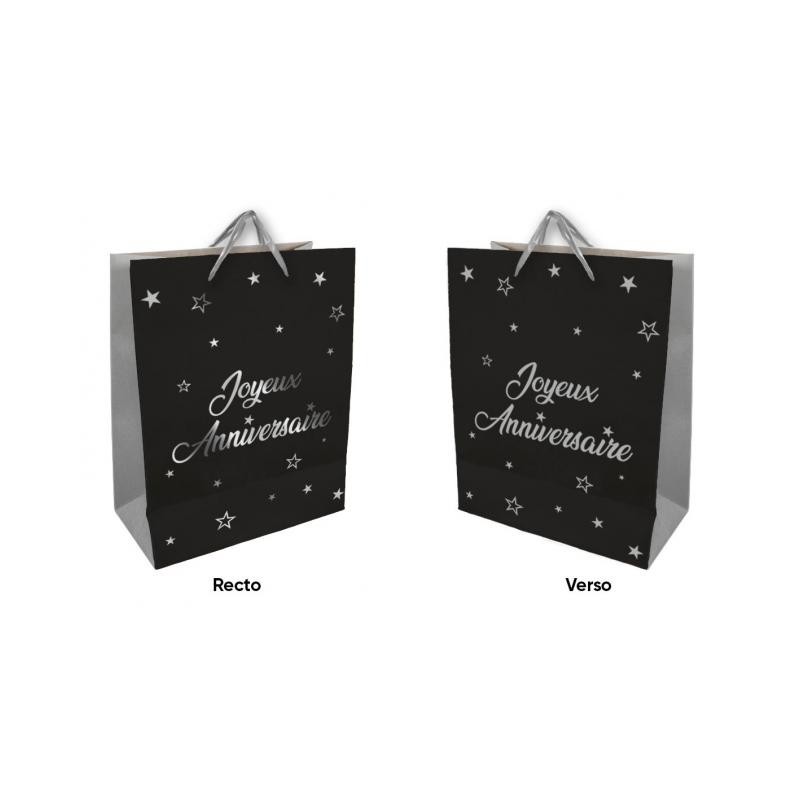 1 Sac cadeau grand Joyeux Anniversaire noir-argent, 40x30x12cm