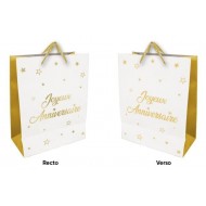 1 Sac cadeau grand "Joyeux Anniversaire" blanc - or, 40x30x12cm