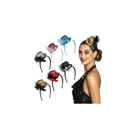 Serre tête mini chapeau paillettes 6 couleurs ass.