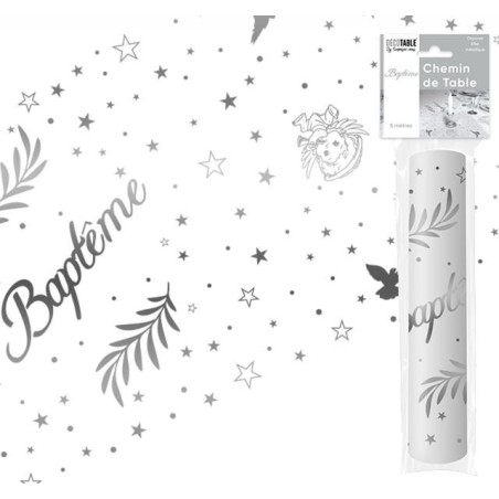 Runner da tavola "Baptême" 28 cm x 5 metri, organza metallizzata argento