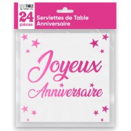 24 Servietten, Joyeux Anniversaire, 3-lagig, 33 x33 cm , Fuchsia