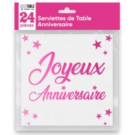 24 Serviettes, Joyeux Anniversaire, 3 plis, 33 x33 cm fuchsia