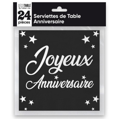 24 Servietten, Joyeux Anniversaire, 3-lagig, 33 x33 cm , Schwarz