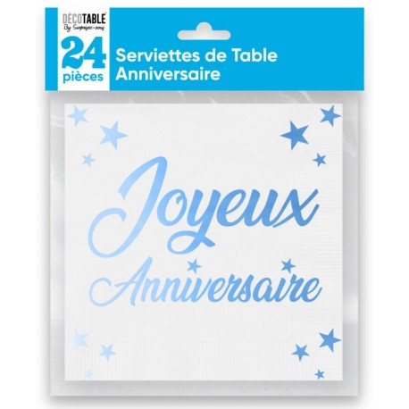 24 Servietten, Joyeux Anniversaire, 3-lagig, 33 x33 cm , blau