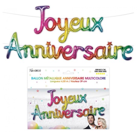 Palloncino di metallo "Joyeux Anniversaire, multicolore